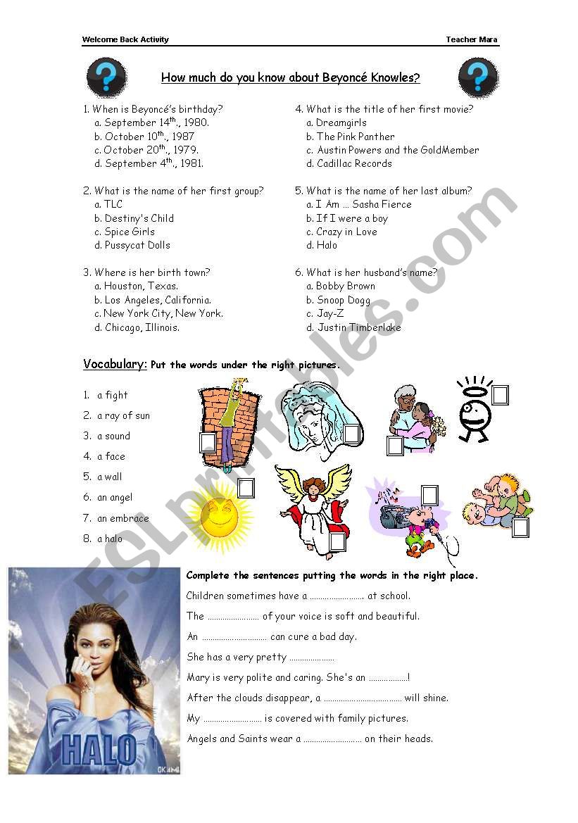 Song Activity: Halo - Beyonce worksheet