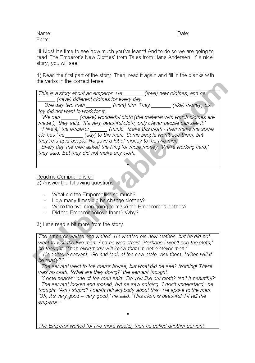 The Emperors New Clothes worksheet