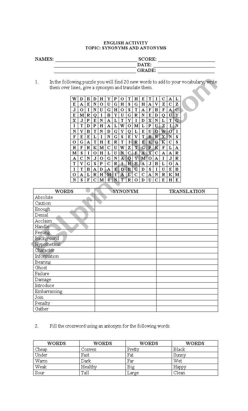 Synonims and Antonyms worksheet