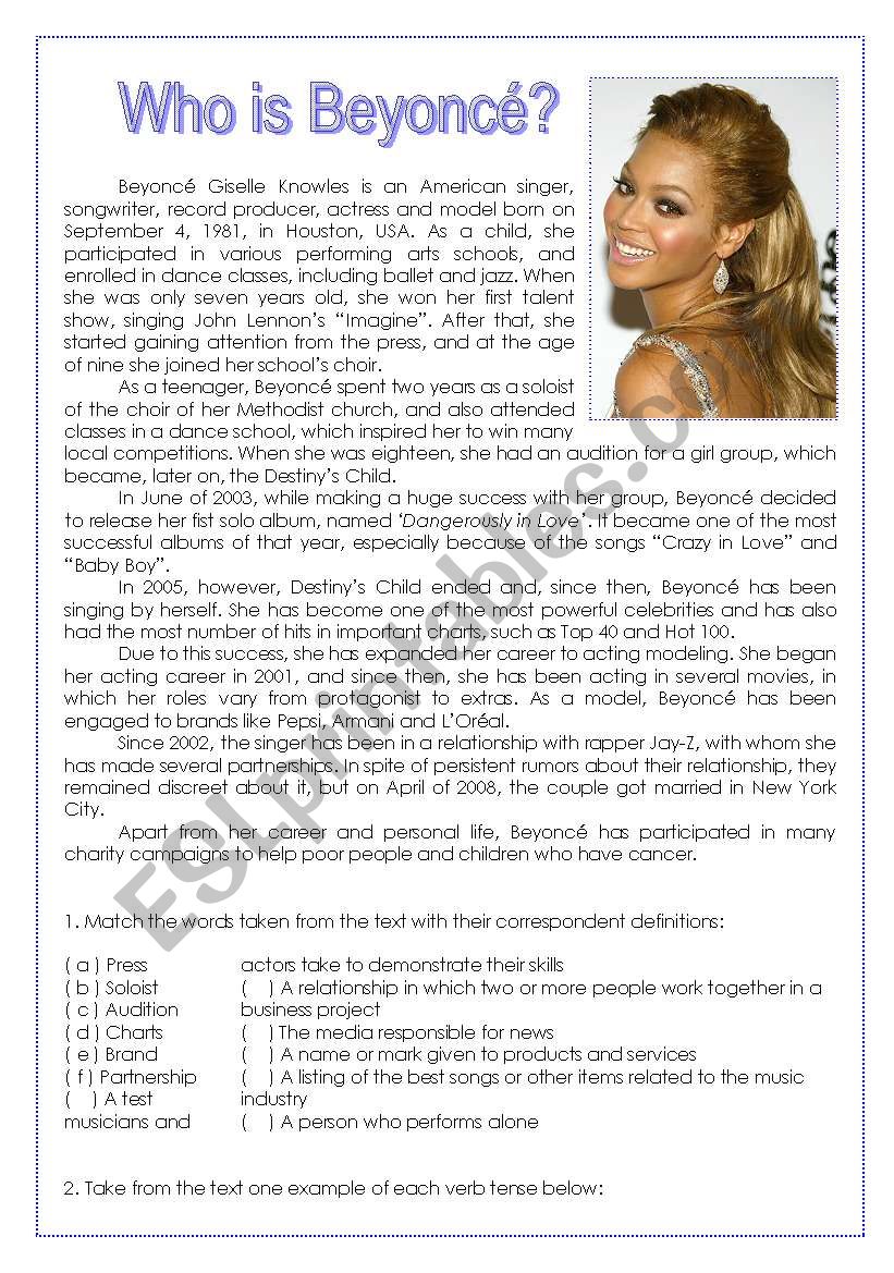 Who is Beyonc? worksheet