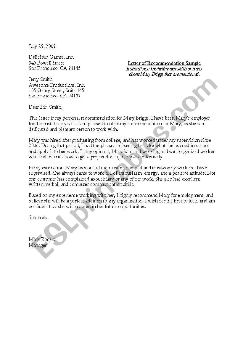 Letter of Recommendation sample