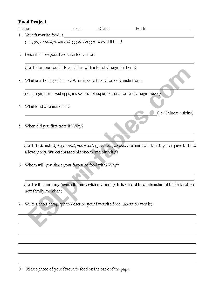 Food Project worksheet