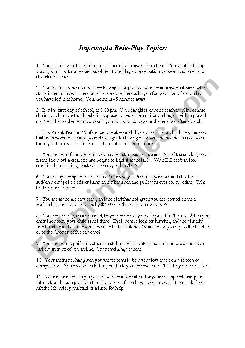 Impromptou role play worksheet