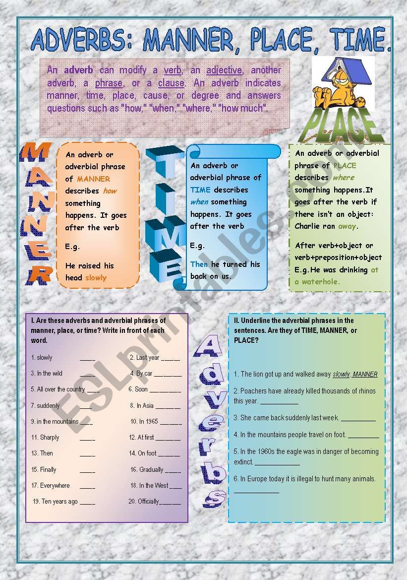 ADVERBS: MANNER, PLACE, TIME worksheet