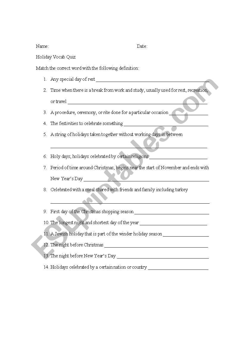 Holidays Quiz worksheet