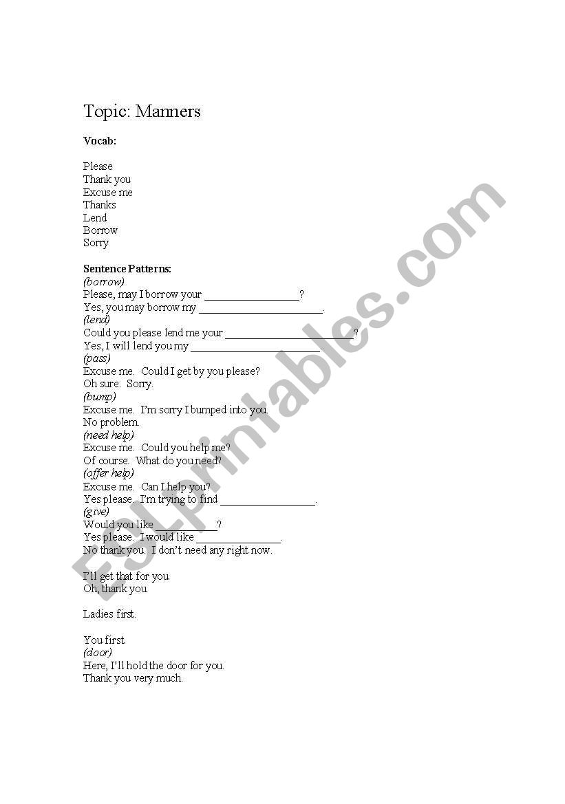 Manners Sentence Patterns worksheet