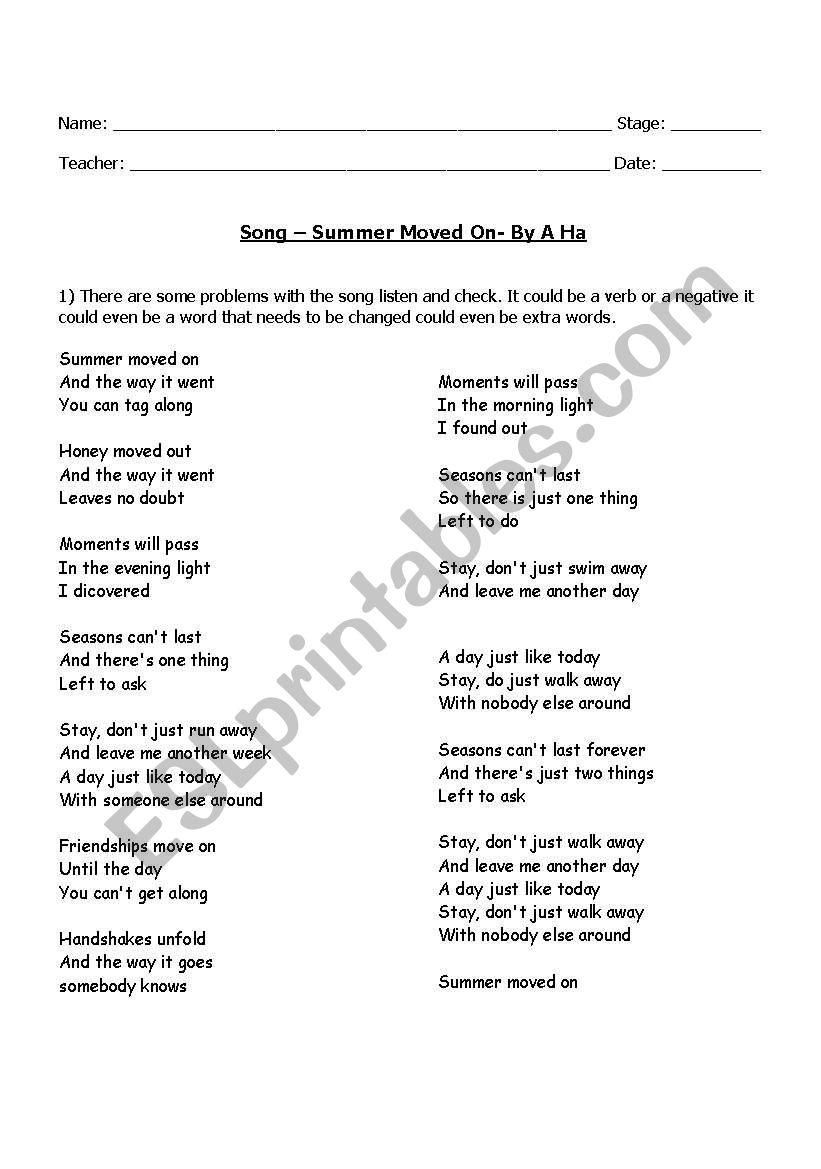 Song Activity worksheet