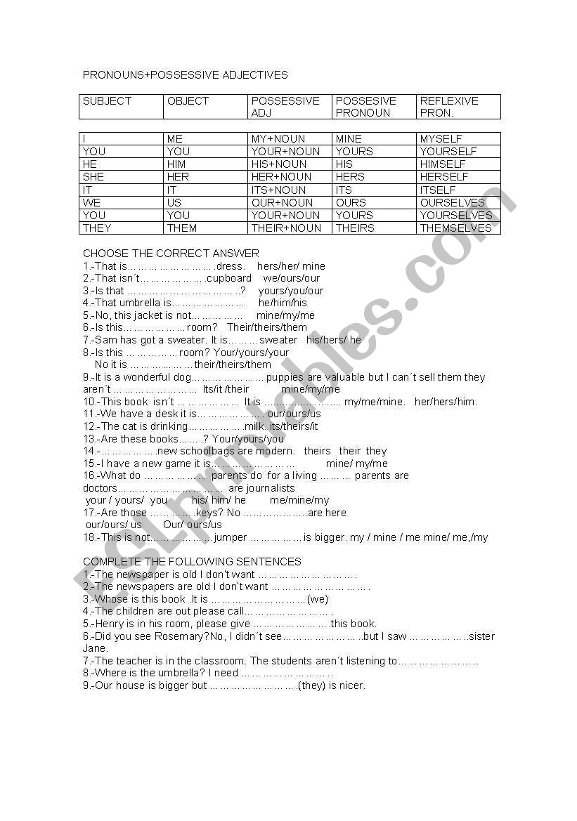 POSSESIVE ADJECTIVE /PRONOUNS worksheet