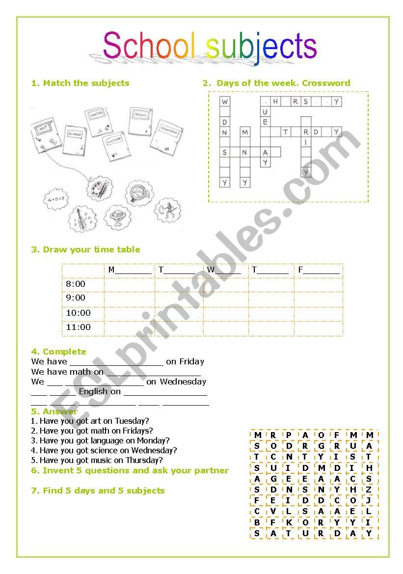 school subjects worksheet