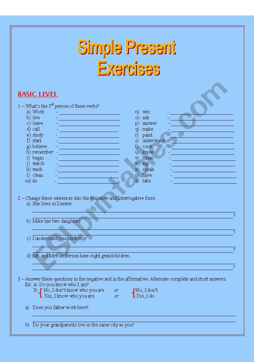 Simple present exercises - Basic and Intermediate levels