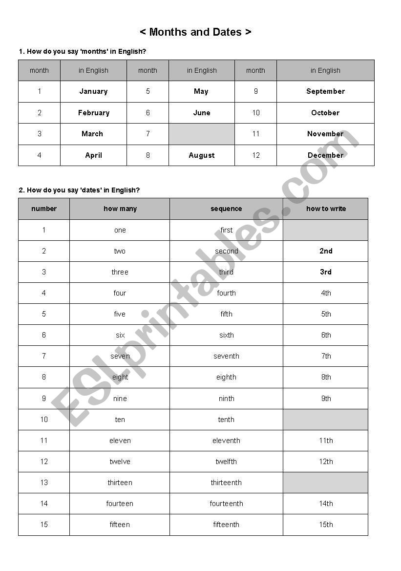 Months and dates worksheet