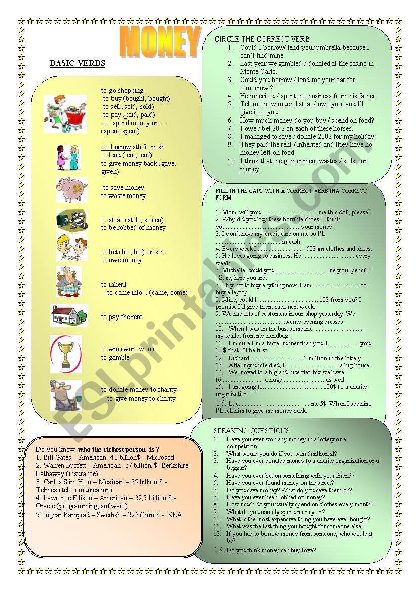 MONEY - basic verbs and synonyms - exercises + speaking 