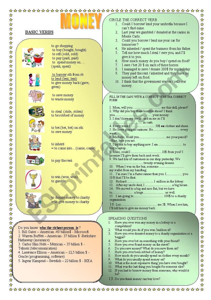 MONEY Basic Verbs And Synonyms Exercises Speaking ESL Worksheet By Tukany3