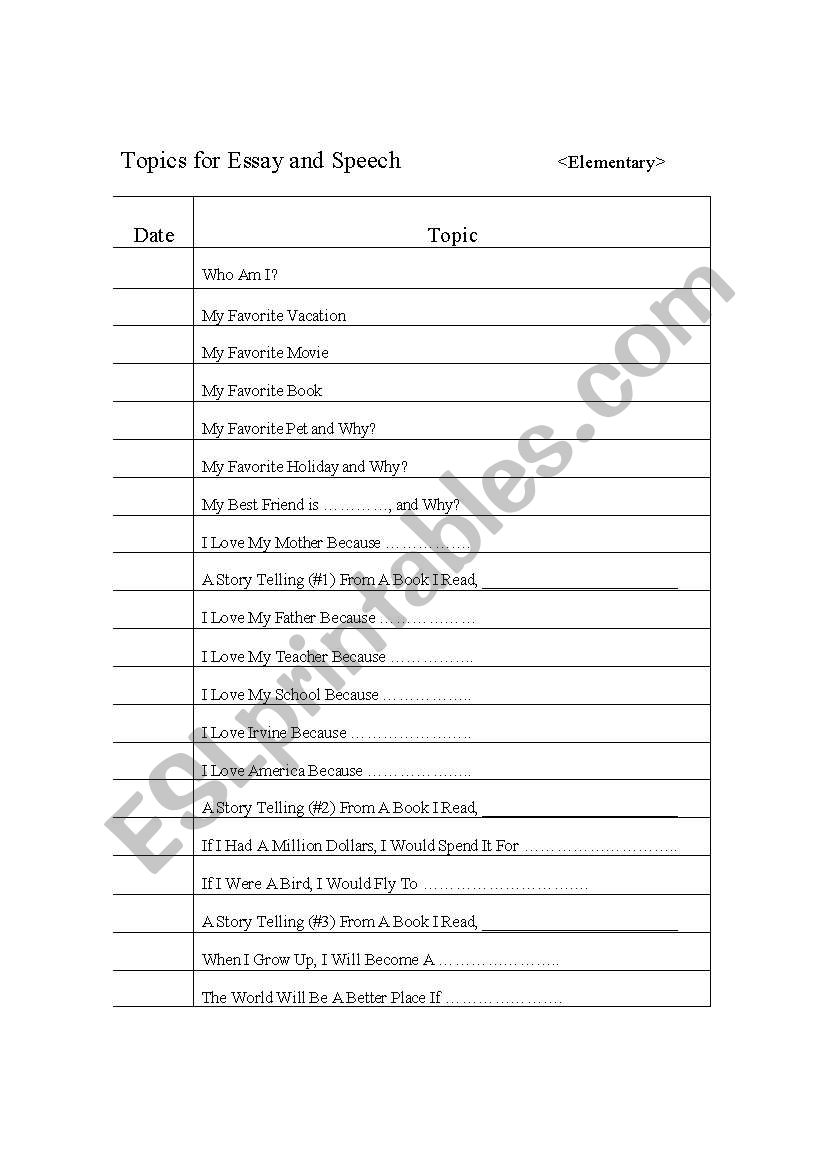 Topics for essay or speech worksheet