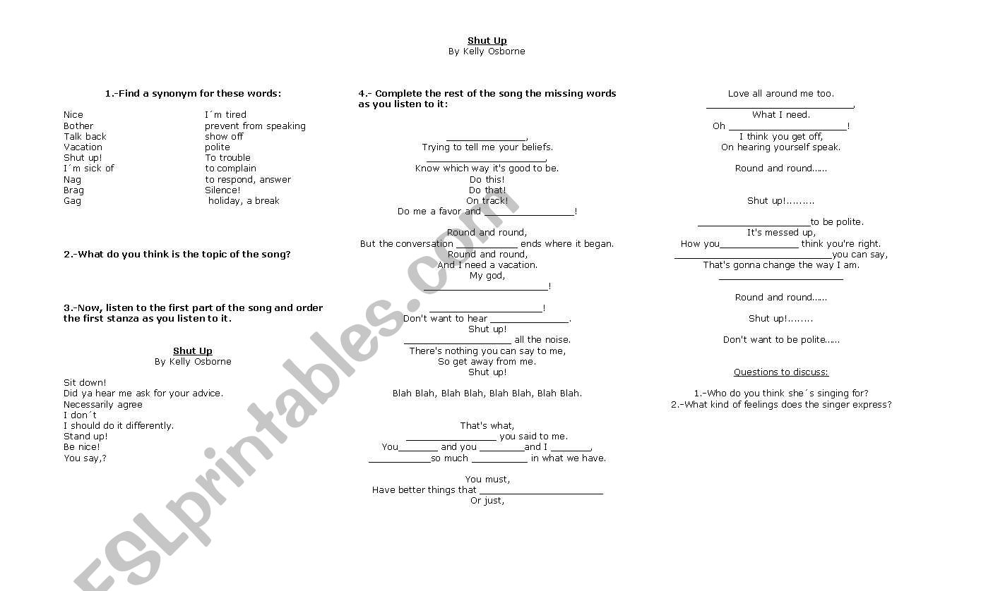 Shut Up! By Kelly Osborne worksheet