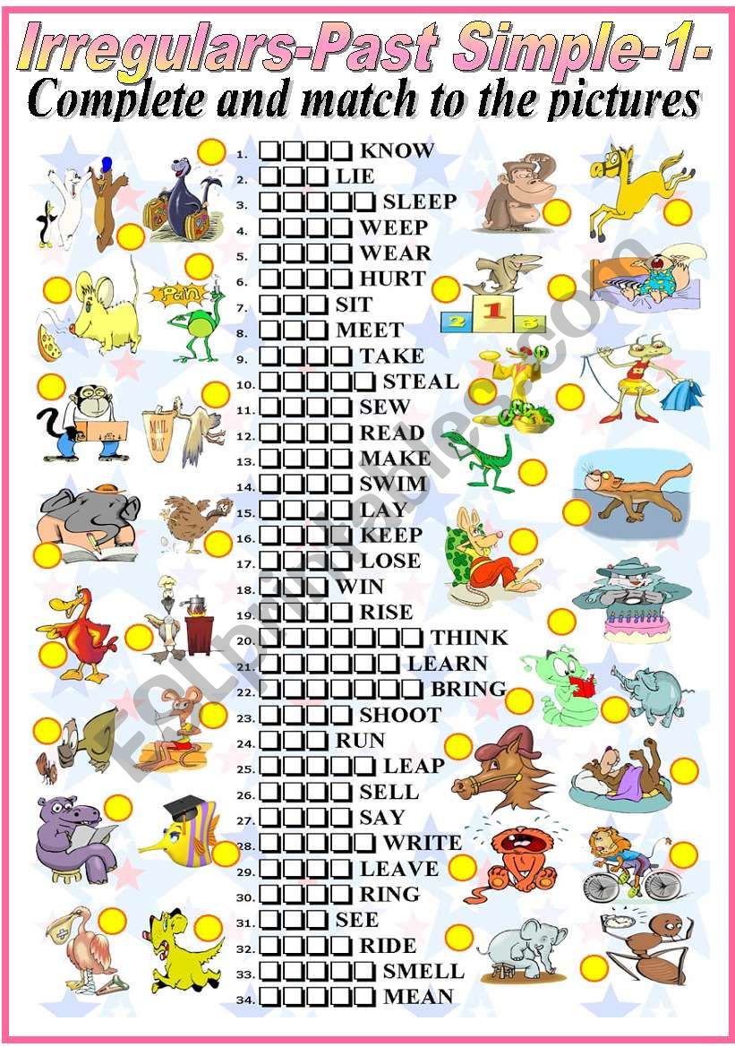 IRREGULARS- PAST SIMPLE- COMPLETE AND MATCH 1-2 (B&W VERSION INCLUDED)