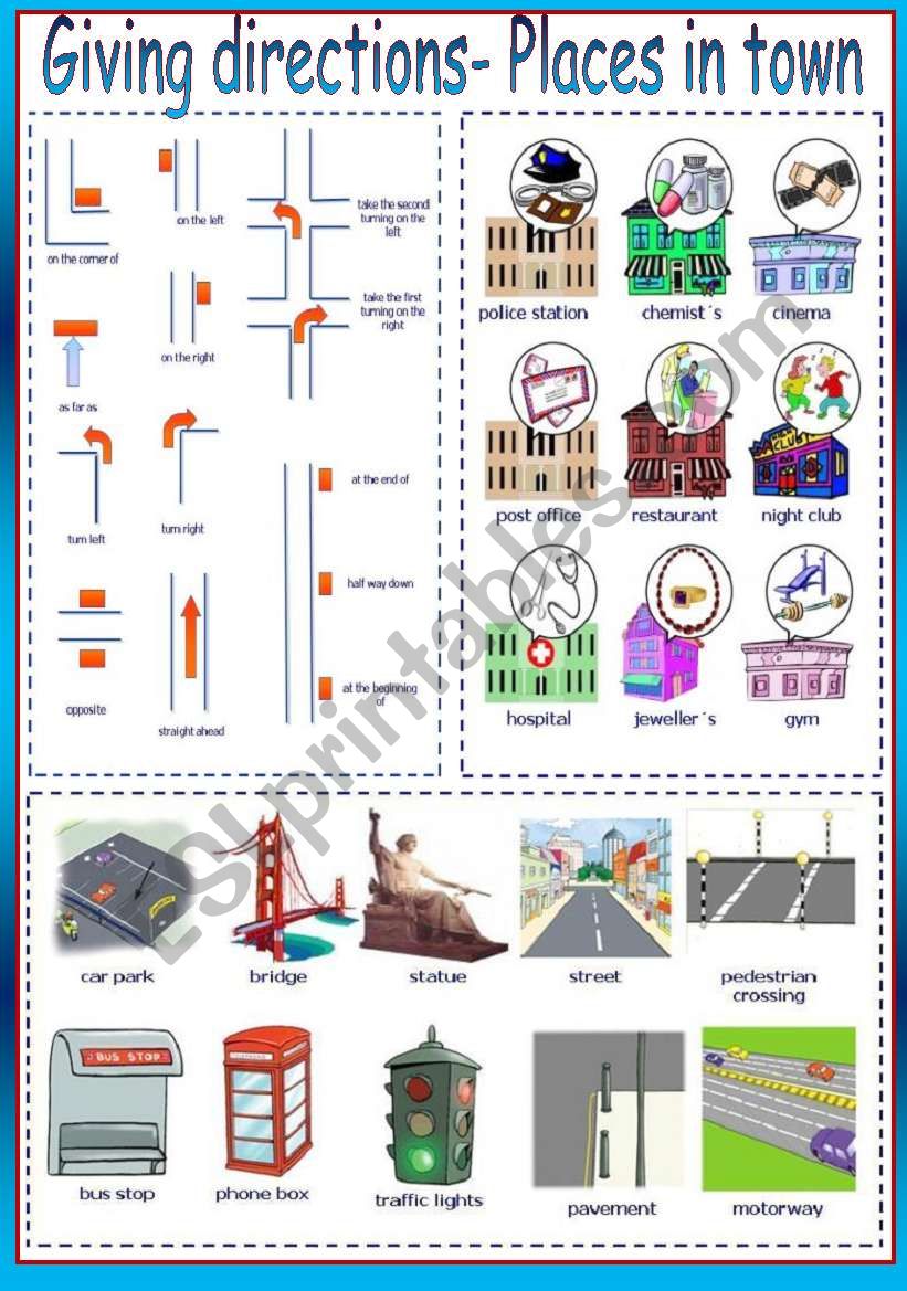 Prepositions Of Place Places In Town Giving Directions Esl Worksheet ...