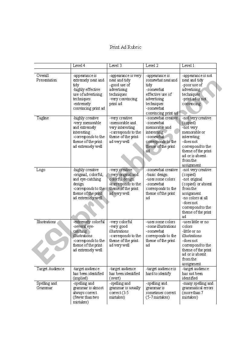 Print Ad Rubric worksheet