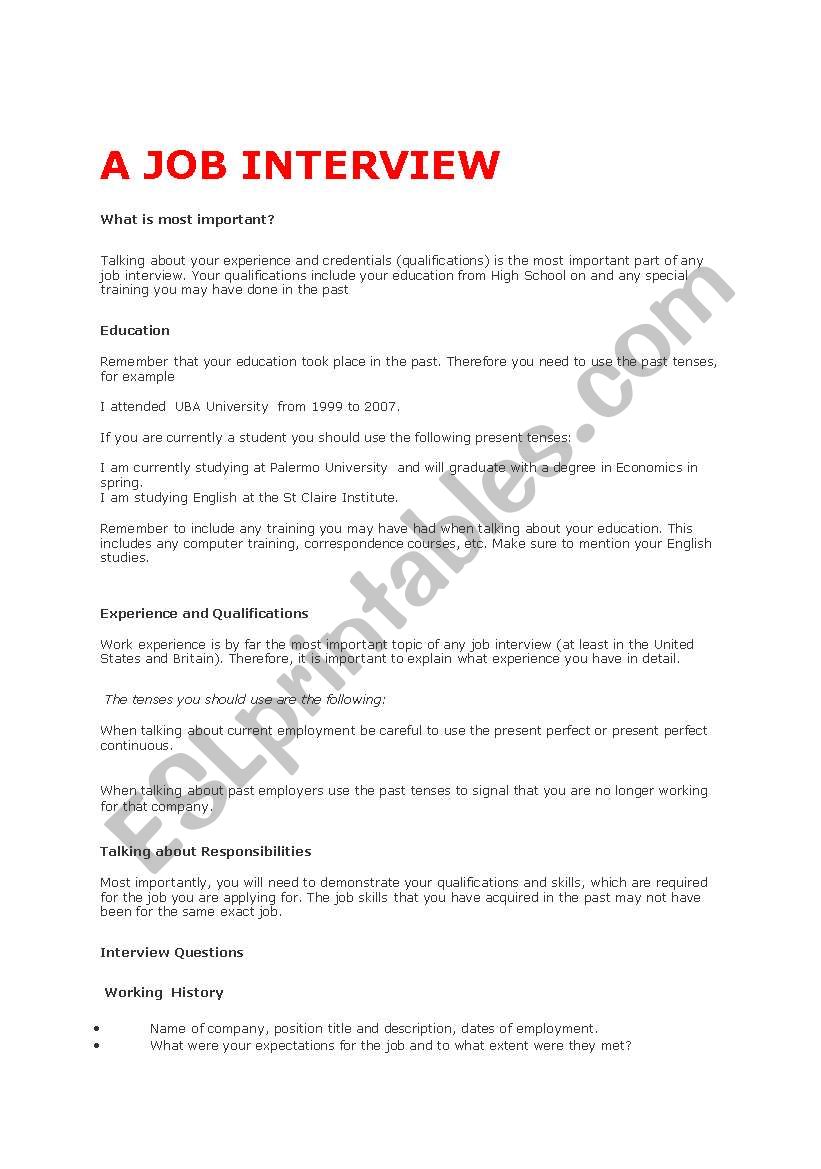 A JOB INTERVIEW worksheet