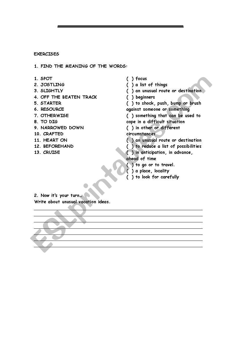 unusual vacations ideas worksheet
