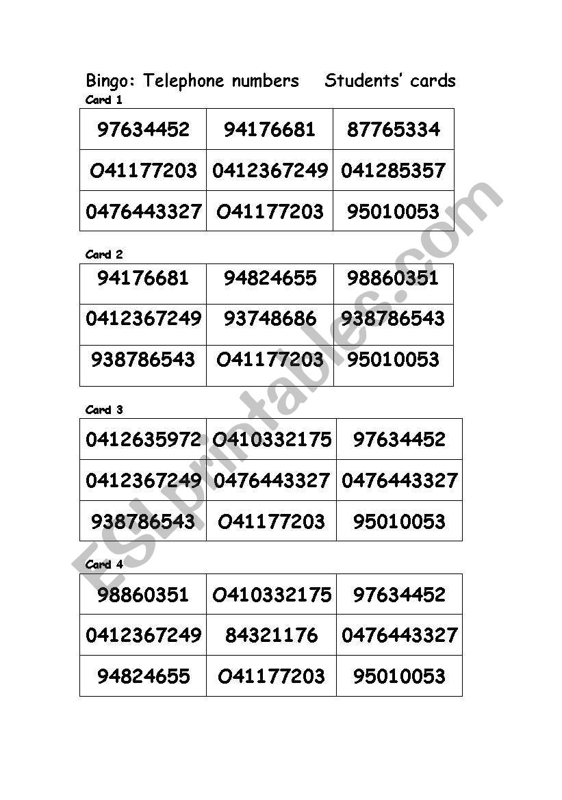 Telephone number bingo worksheet
