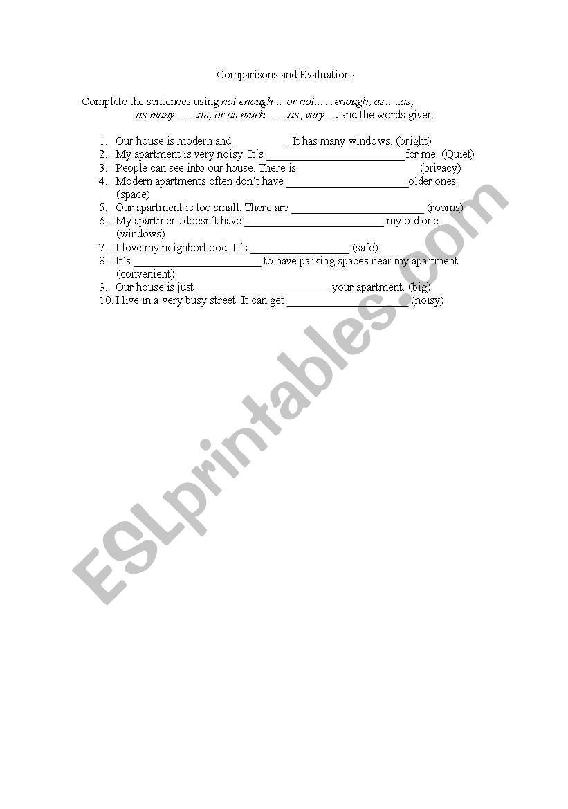 comparisons and evaluations worksheet