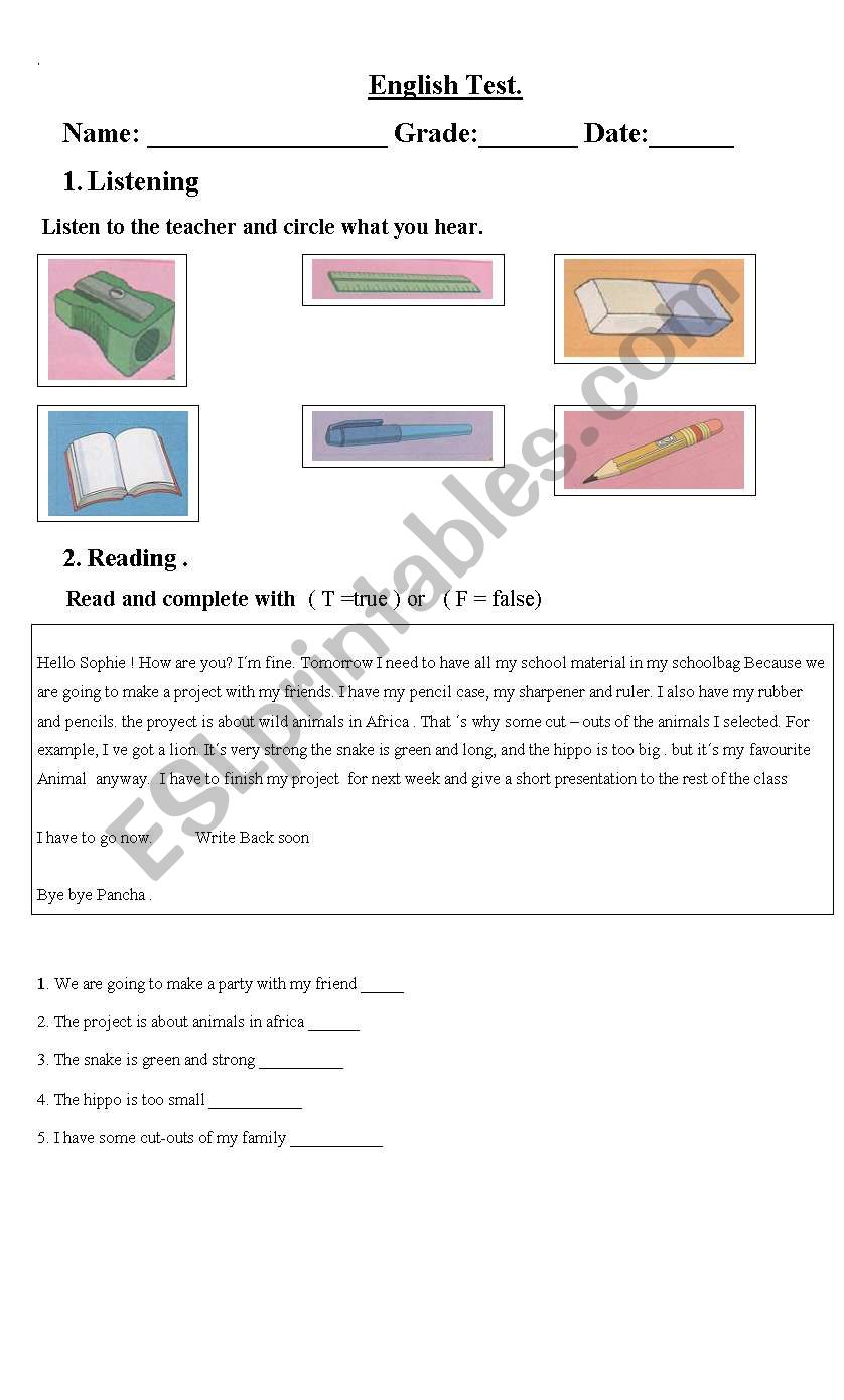 school object test  worksheet