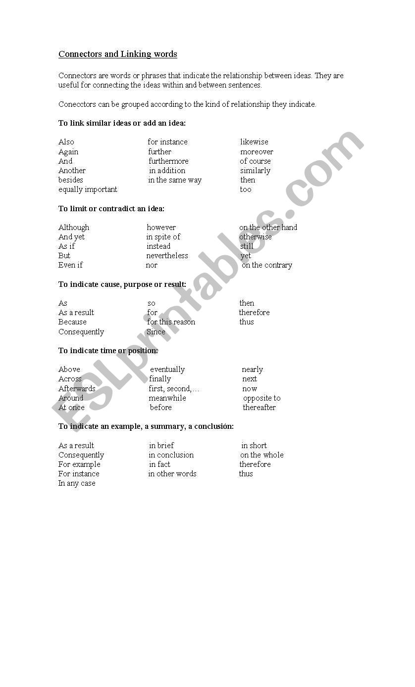 Connectors and linking words worksheet