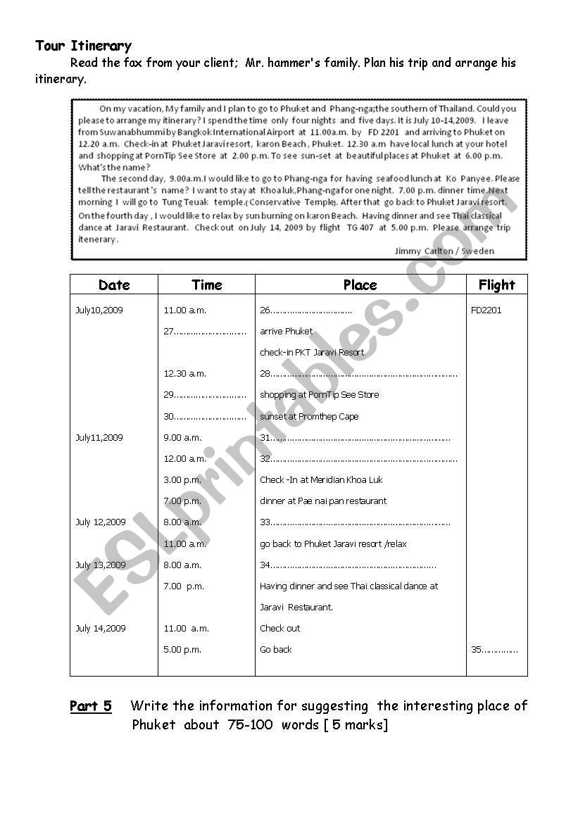 Tour Itinerary  test worksheet