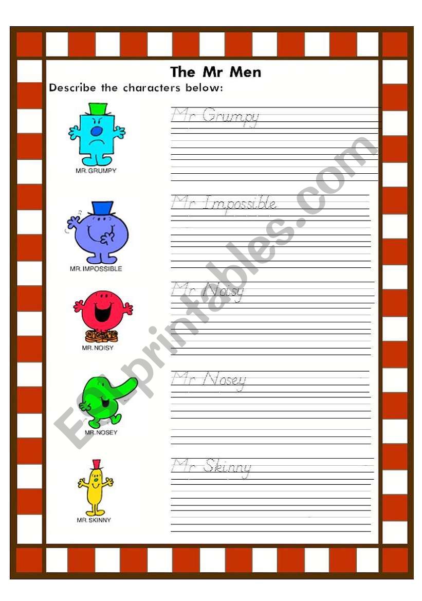 Describe the Mr Men!!! Describe Character Traits and Physical Appearance with this Wonderful Worksheet (Writing Lines included)