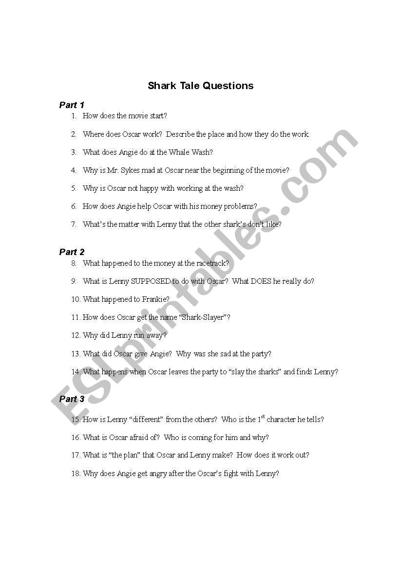 Shark Tale questions and vocab
