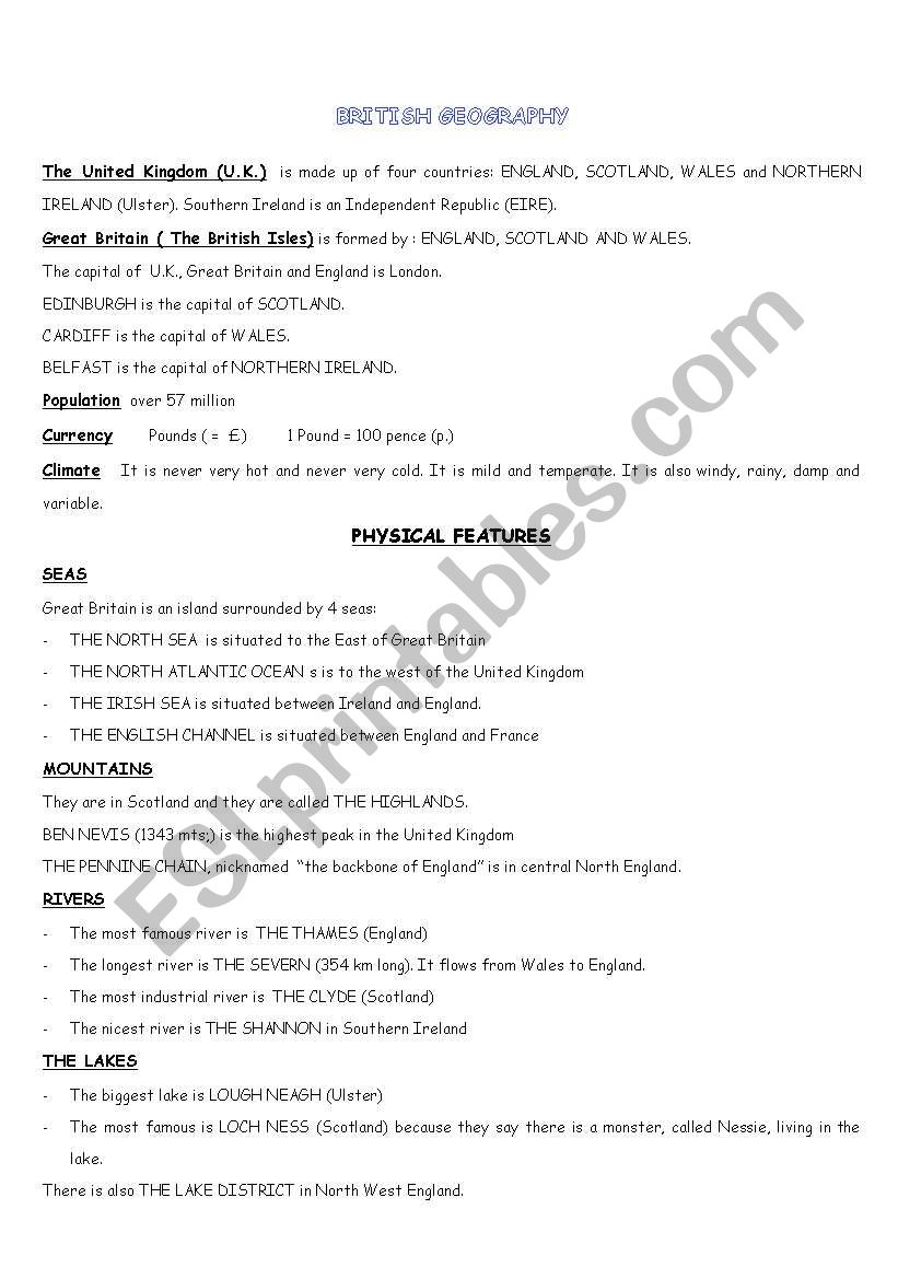 British Geography worksheet