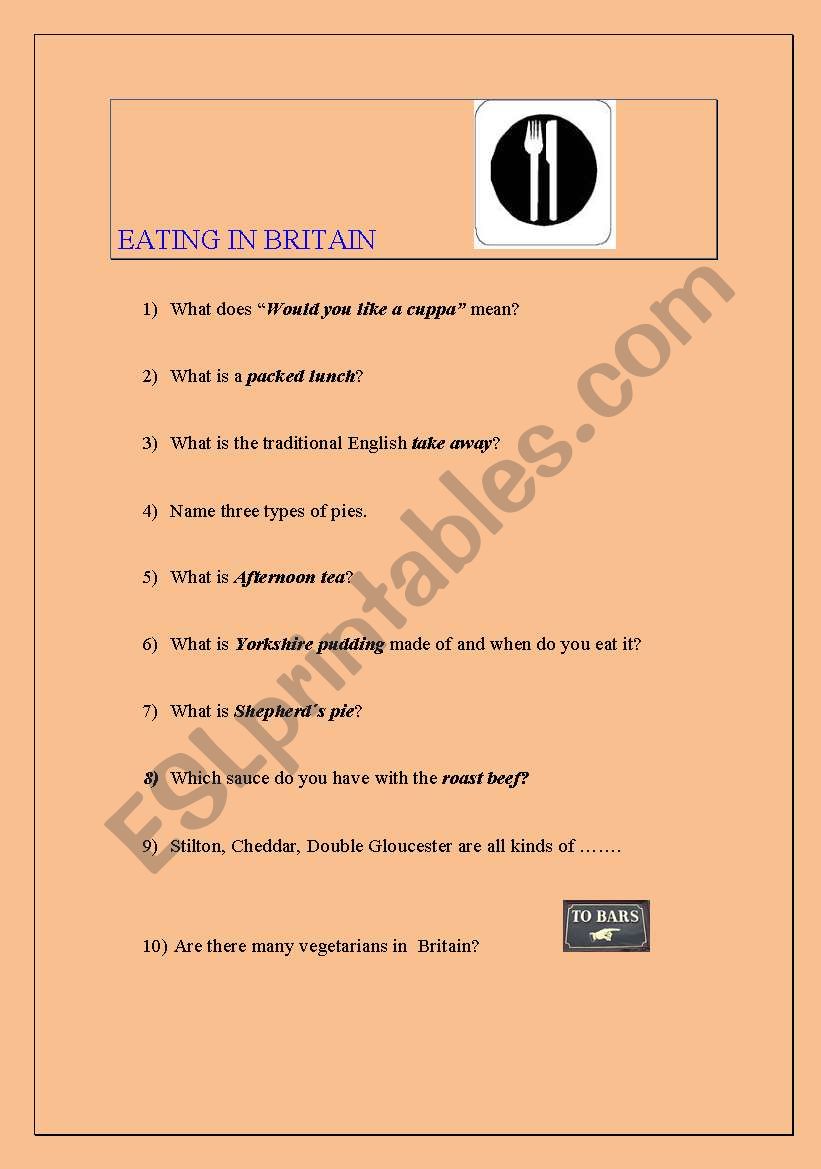 eating in Britain worksheet