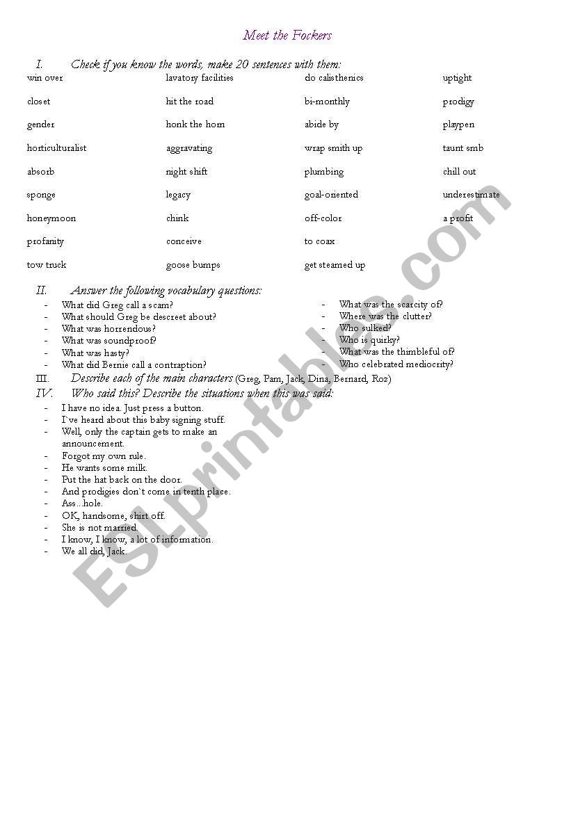 Meet the Fockers worksheet