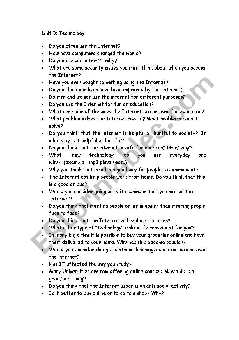 Conversation question sheet: Technology