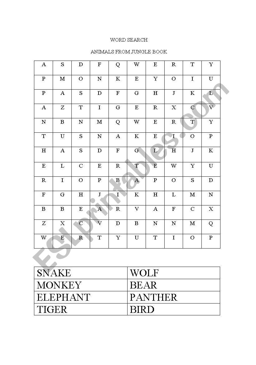 Jungle book word search worksheet