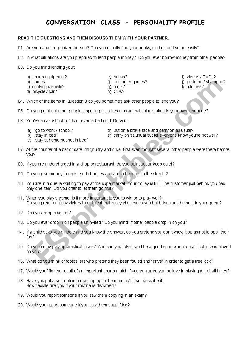 Personality profile worksheet