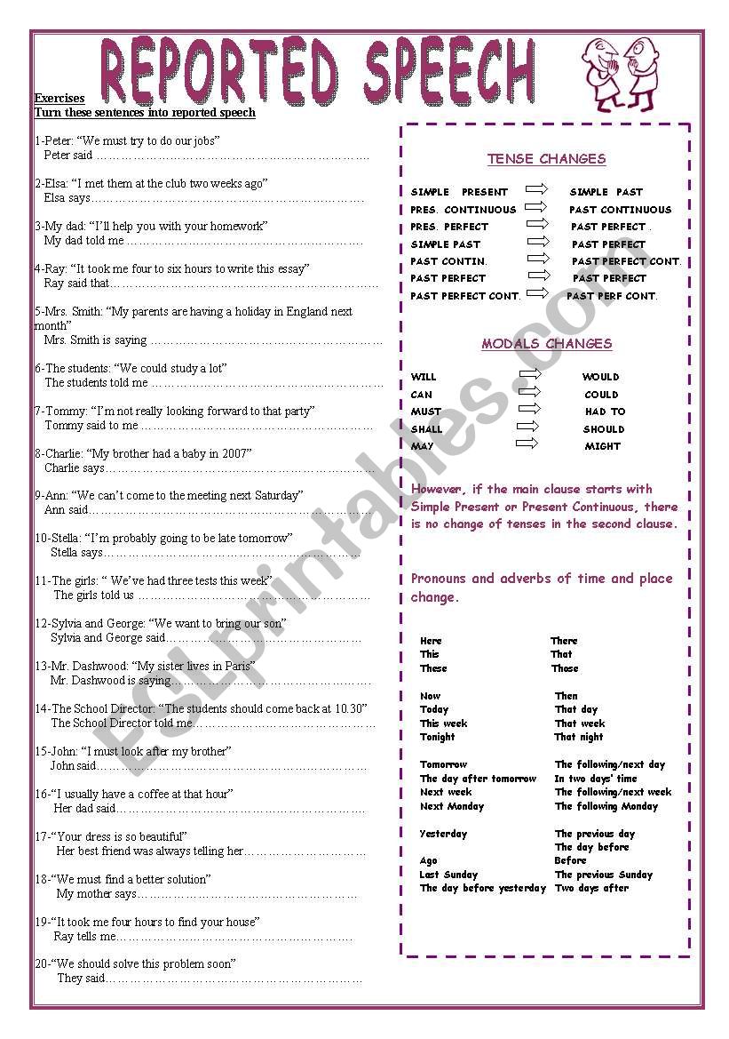 2 PAGES REPORTED SPEECH worksheet