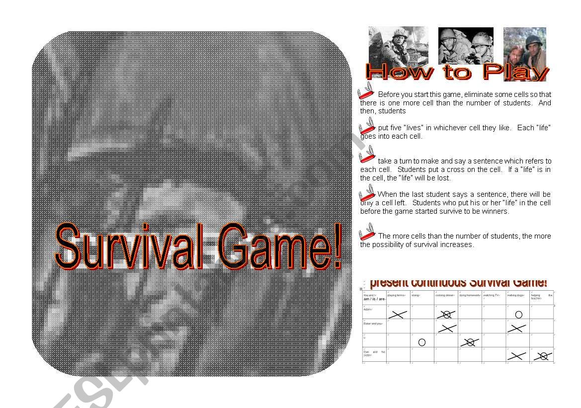 Survival Game game sheet worksheet