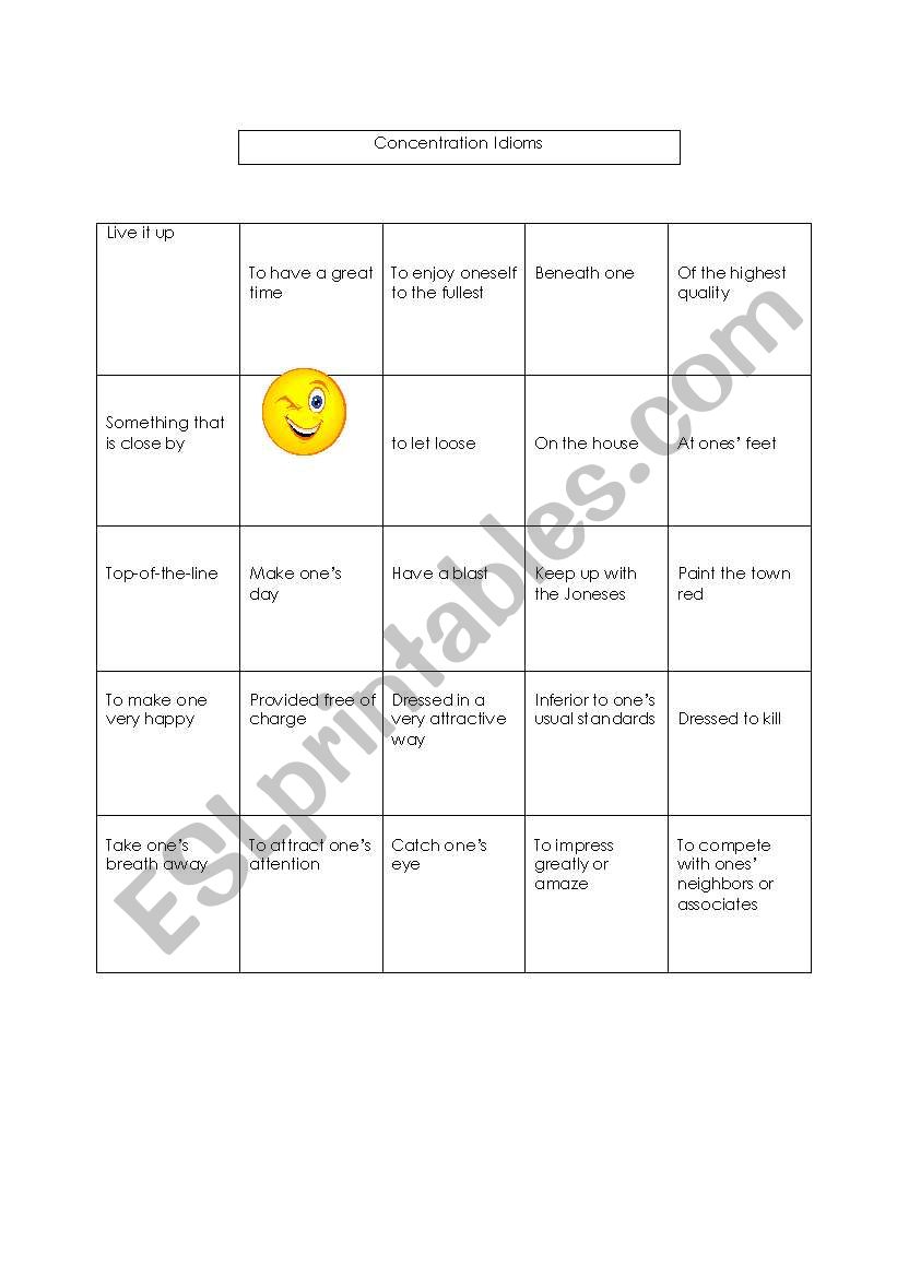 Concentration idioms worksheet