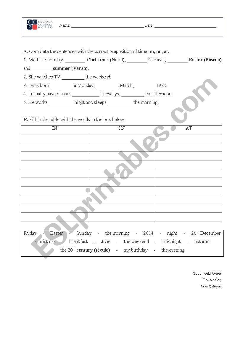 prepositions of time worksheet