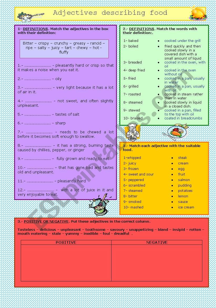 Adjectives describing food worksheet