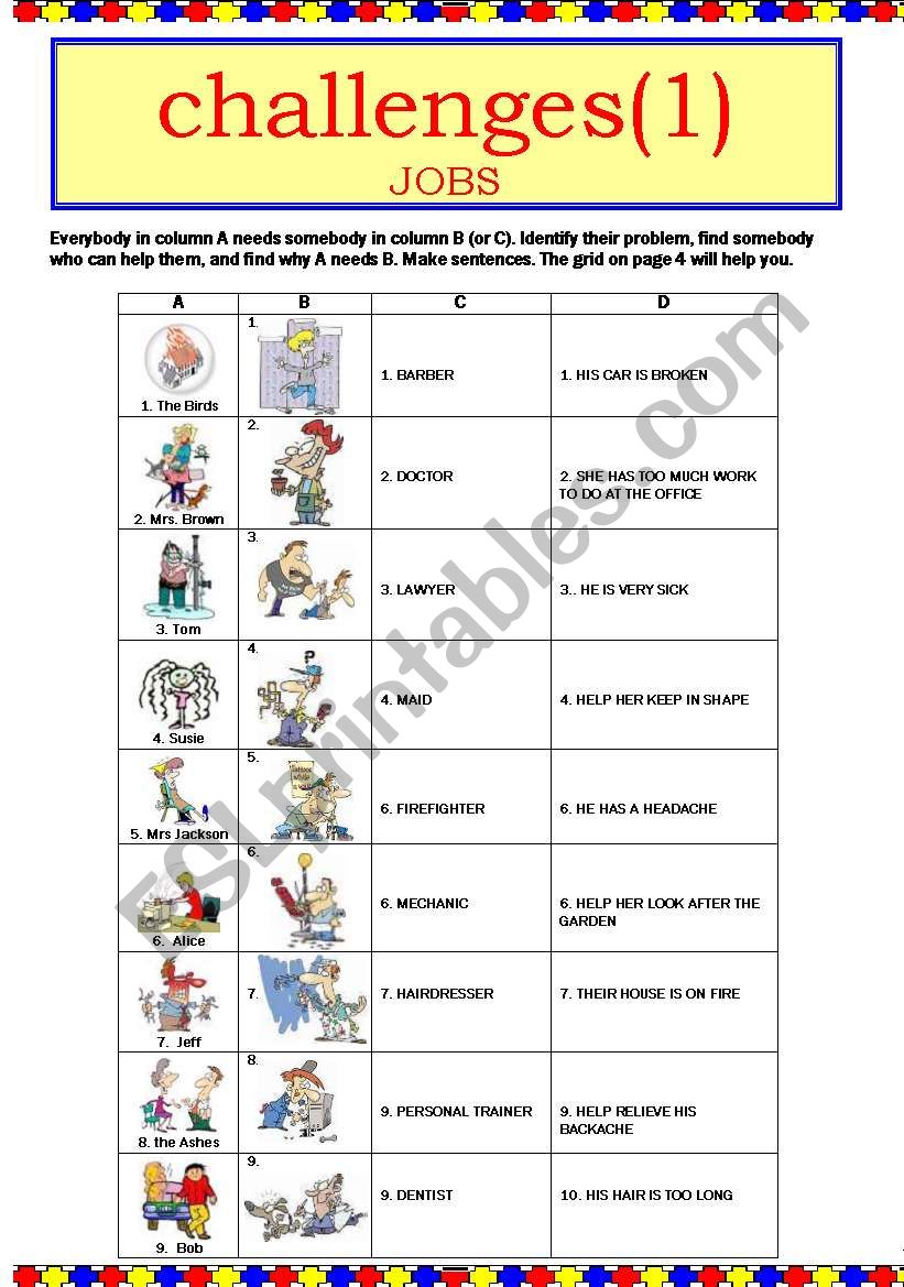 CHALLENGES 1 (JOBS) worksheet