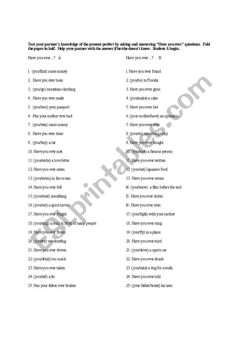 Present Perfect Communicative Pair Drill