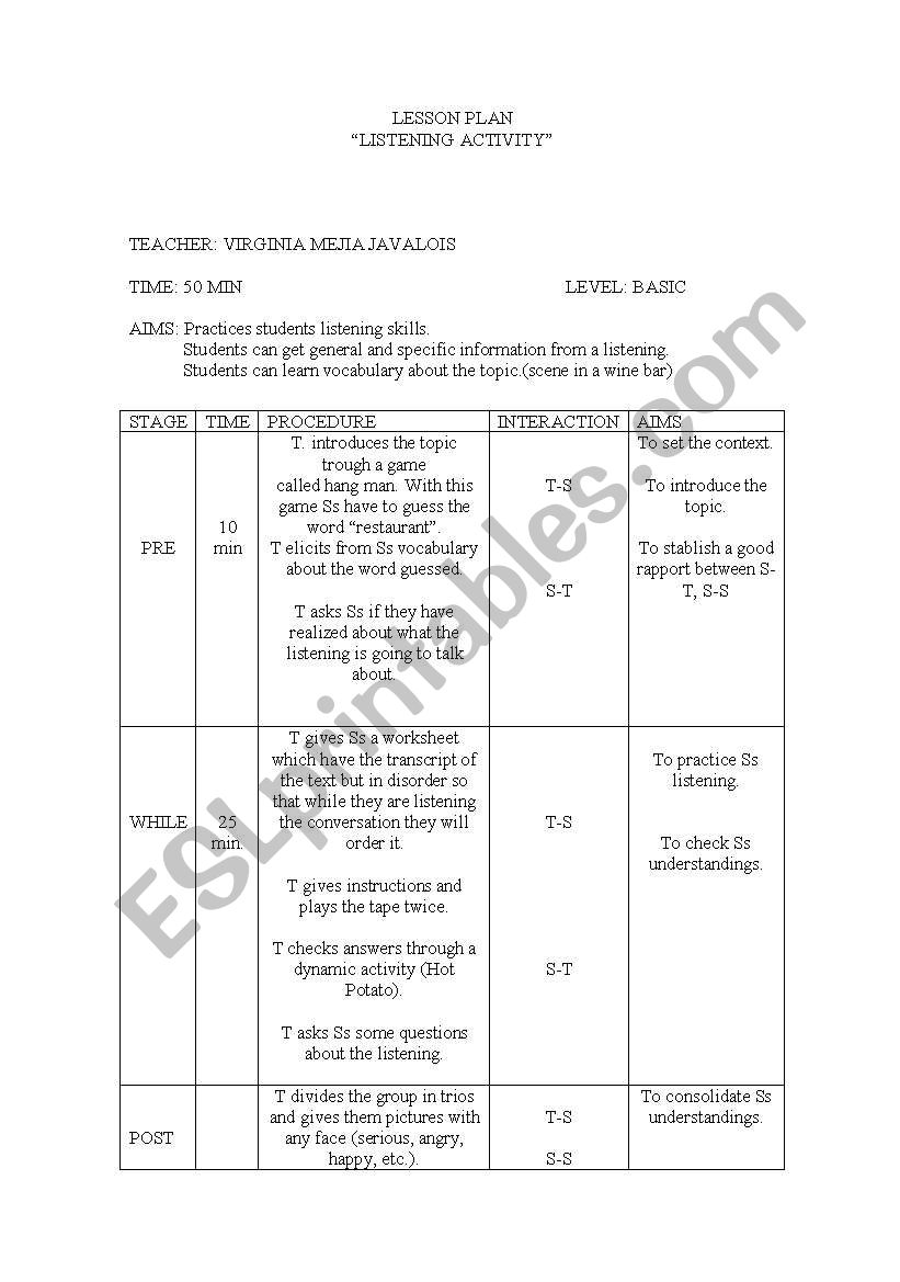 Listening lesson plan. Eating out