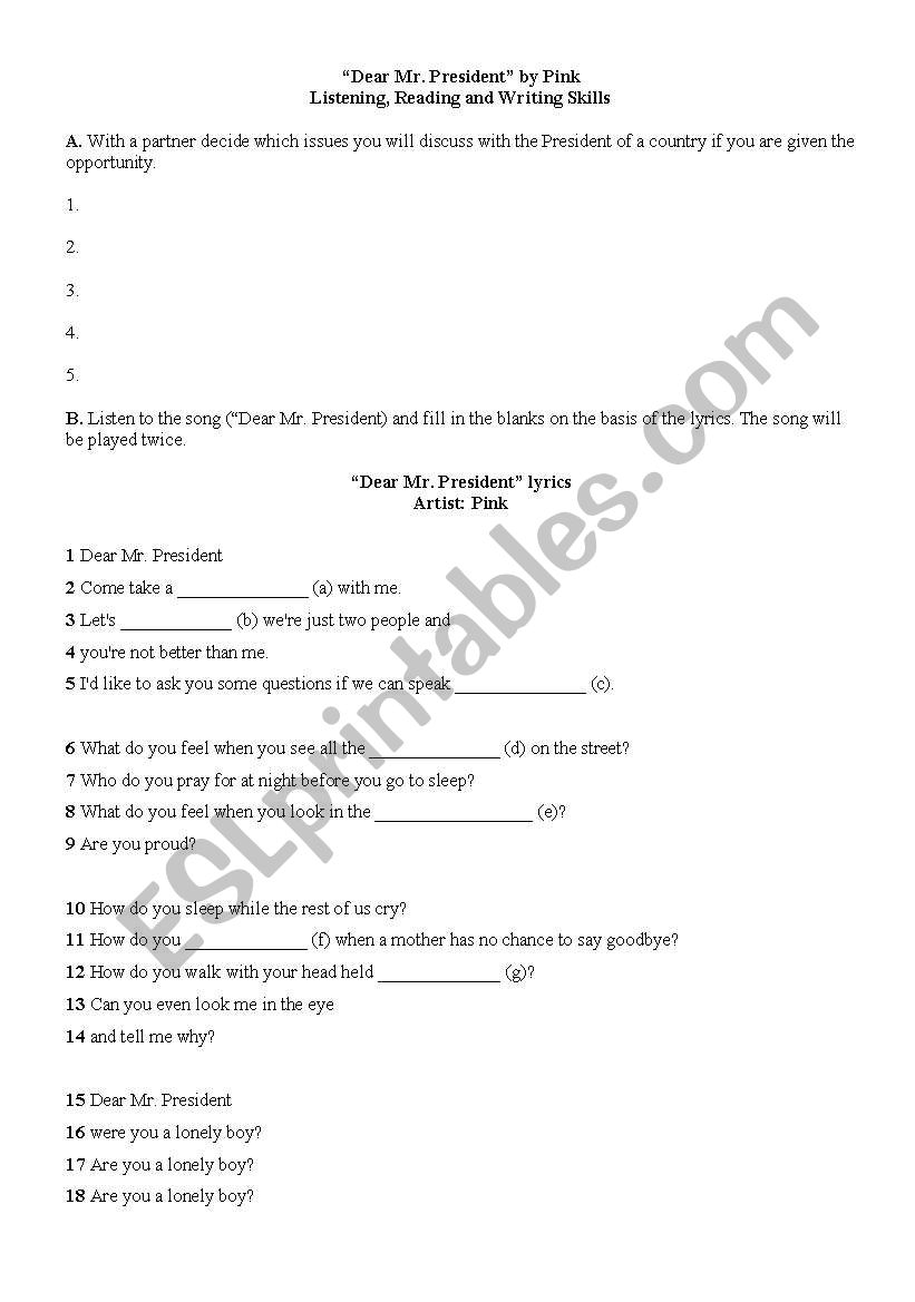 Dear Mr President by Pink worksheet