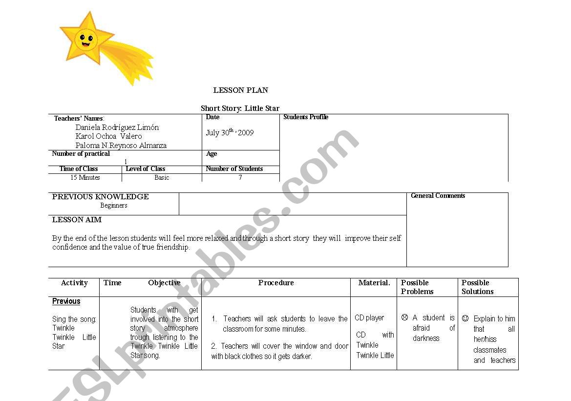 Lesson Plan for a Story about Stars