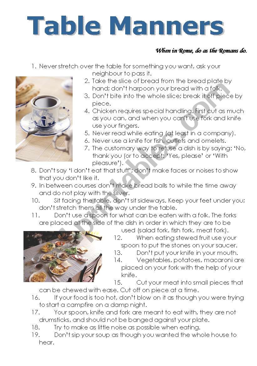 table manners worksheet