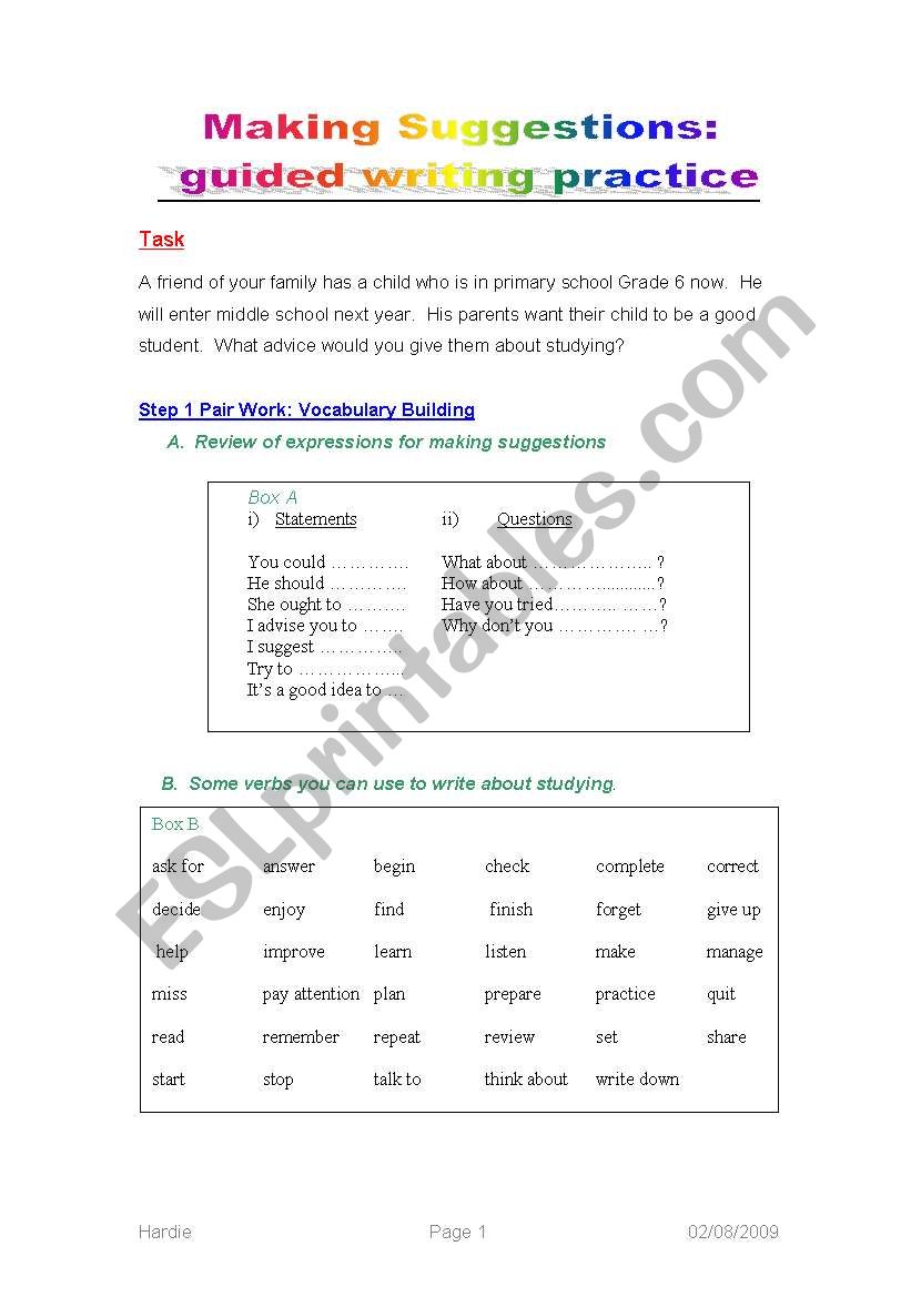 Making Suggestions: Guided Writing Practice