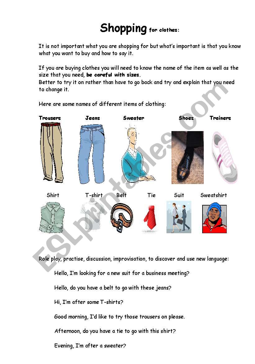 Shopping for clothes worksheet